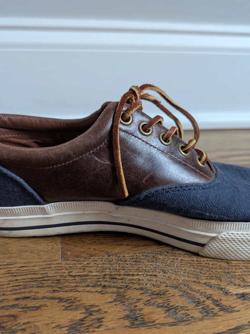 Polo Ralph Lauren Vaughn Saddle Sneaker Men's Size 7D Flax Linen Leather Blue
